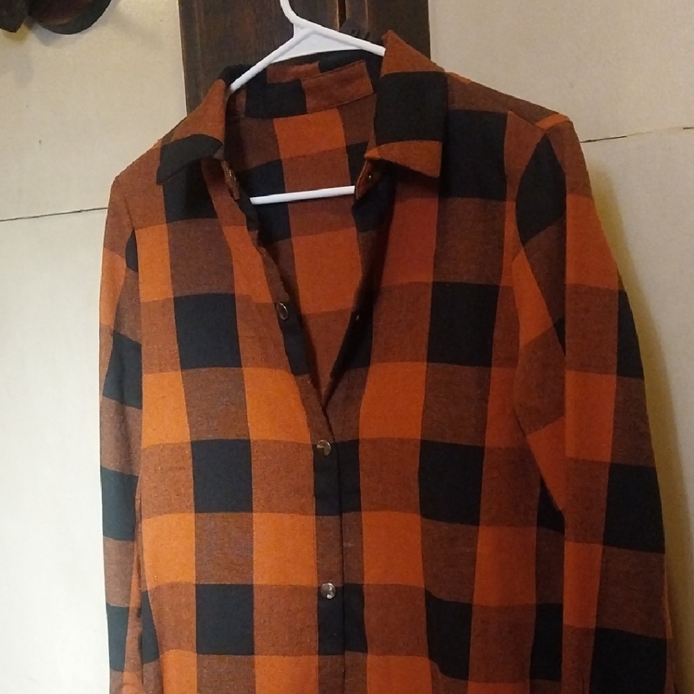 Womens Orange and Black Checkered /Flannel Print Shirt
